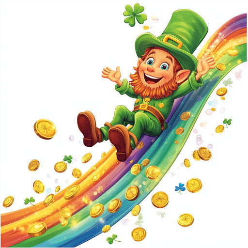Saint Patrick's Day, happy leprechaun sliding down a rainbow with gold coins and shamrocks