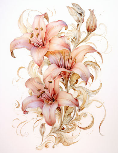 Tattoo sketch for lilies and swirls, light brown and pink style, captivating