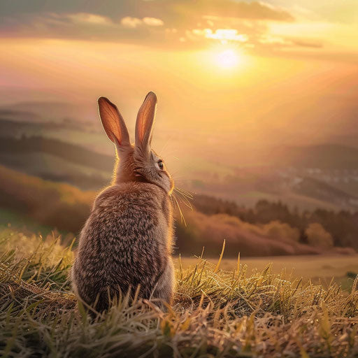 Bunny watching sunrise from a hill