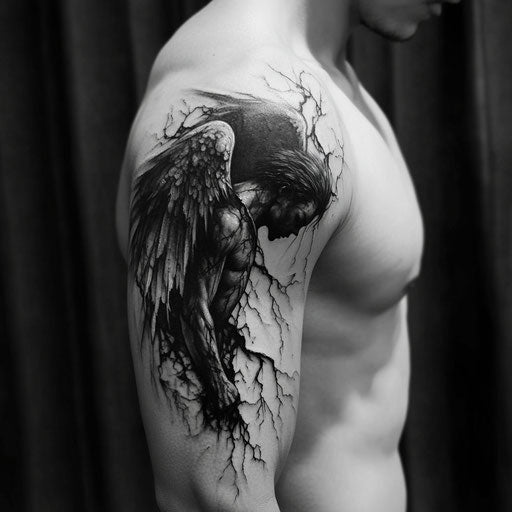 Men's upper arm tattoos with dark angel and broken wings