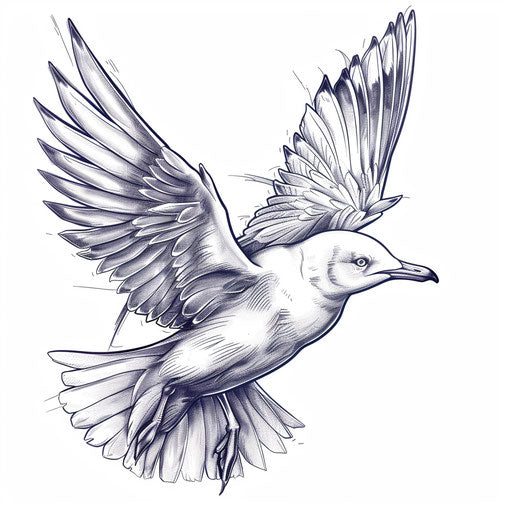 Sketch-style tattoo of a flying seagull on white background