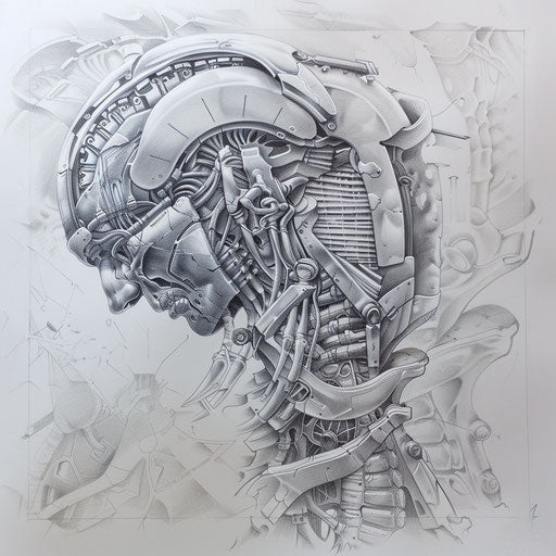 Biomechanical tattoo design blending human anatomy with mechanical elements on canvas
