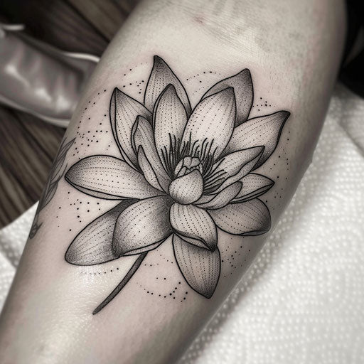 Blackwork water lily tattoo on white sheet