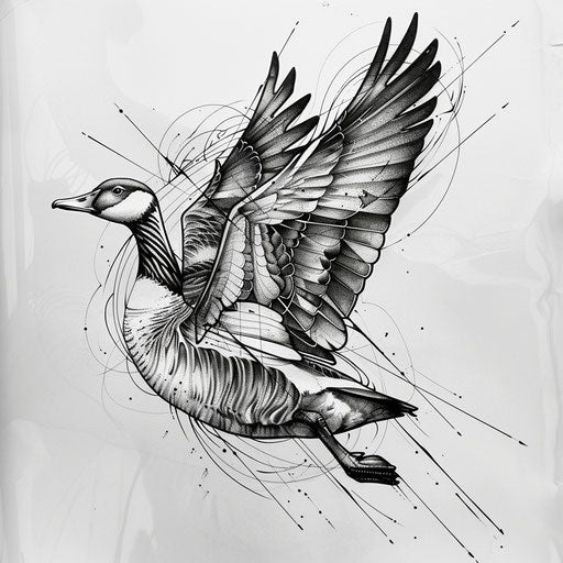 Energetic tattoo sketch of goose in mid-flight with dynamic motion lines
