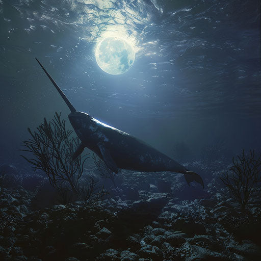 Shadow of a narwhal swimming under full moon