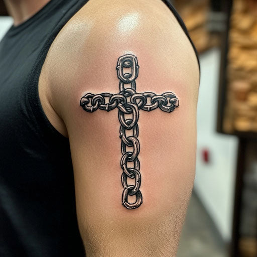 Christian tattoos for men with a chain cross on the upper arm