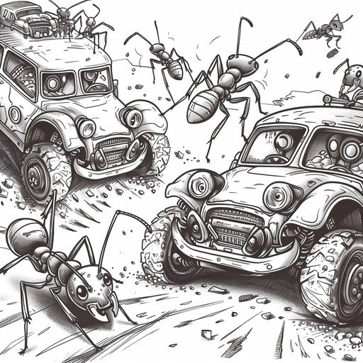 Ant race with makeshift cars. Coloring page