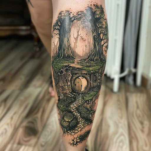Women's leg tattoos Peter Jackson style hobbit footprints