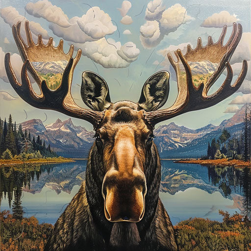 A moose with a landscape reflected in its eyes, showing its connection to nature