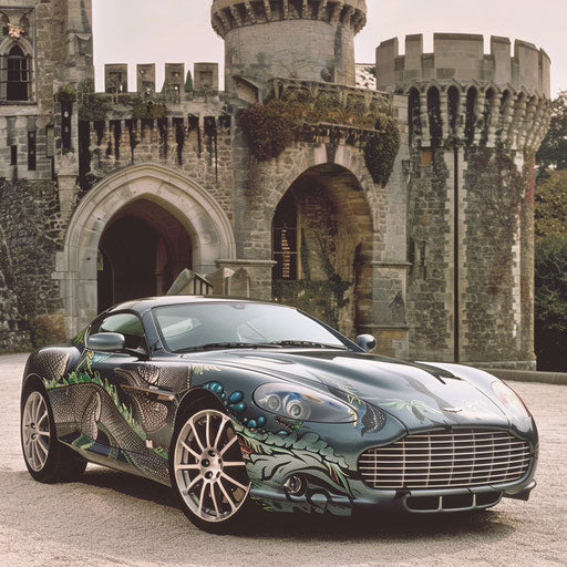 Dragon-themed car in front of medieval castle