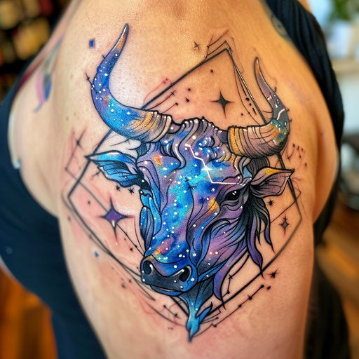 Bold tattoo sketch of the Taurus constellation with cosmic background and vibrant blues and purples