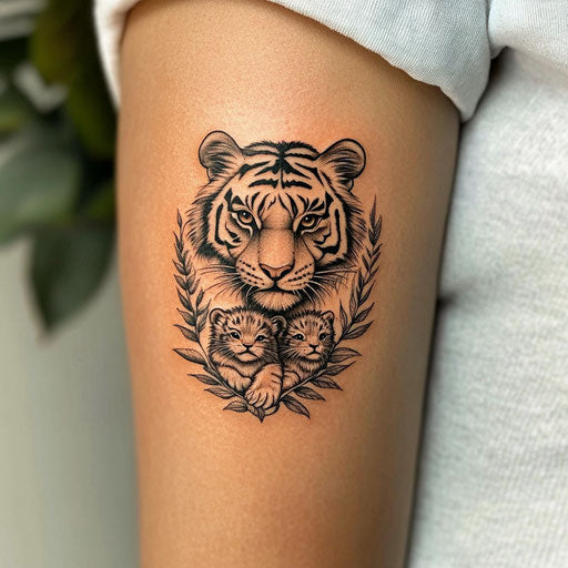 Mother tattoo with fierce tiger protecting cubs