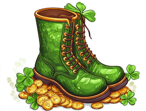 Clover and pot of gold with green leather boot on white