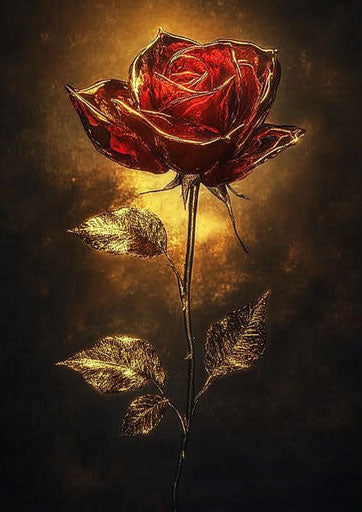 Red rose with golden leaves, shiny and translucent