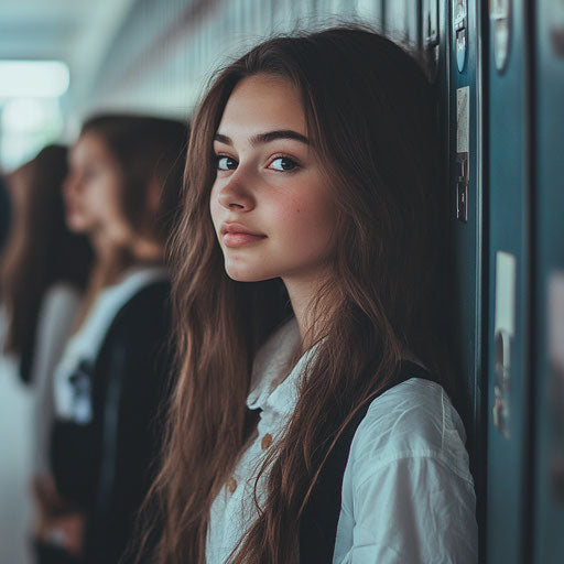 Attractive Russian high school girl near lockers