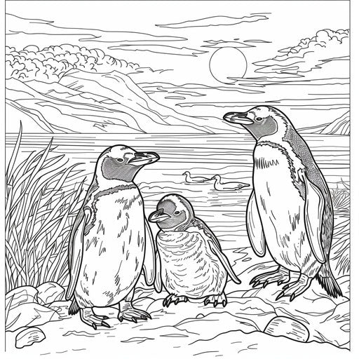 Penguin family enjoying a beautiful sunset by the sea.