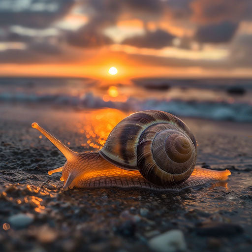 A snail emerging from its shell at dawn