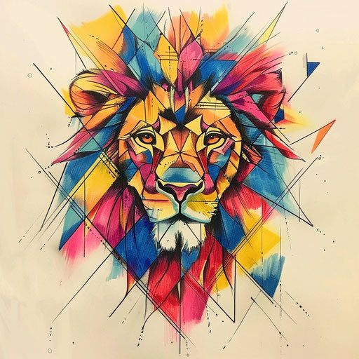 Abstract geometric tattoo sketch of the Lion of Judah, with overlapping triangles and vibrant colors