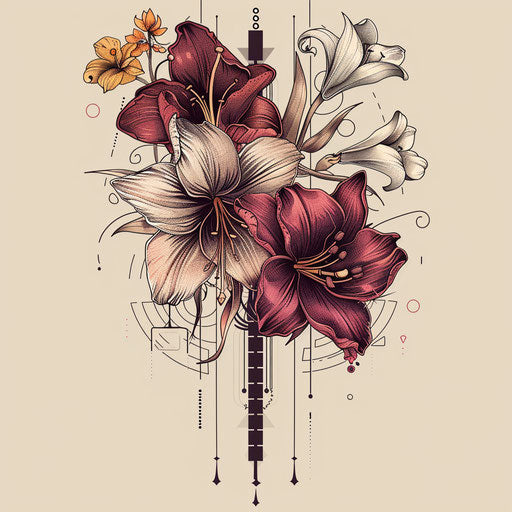 Industrial flat tattoo sketches of March flowers with metallic elements
