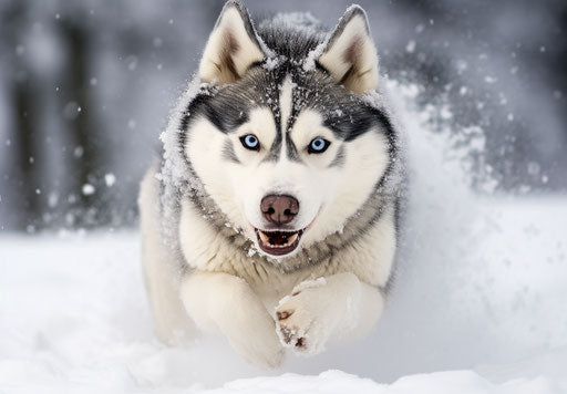Husky running in the snow, contrasting styles