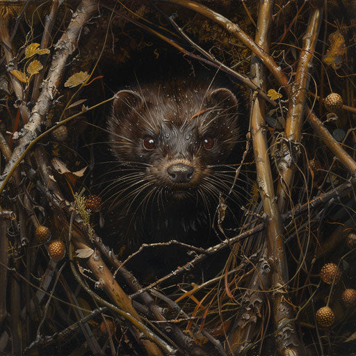 A wild mink navigating a dense thicket of brambles and underbrush, a glint of determination in its eyes.