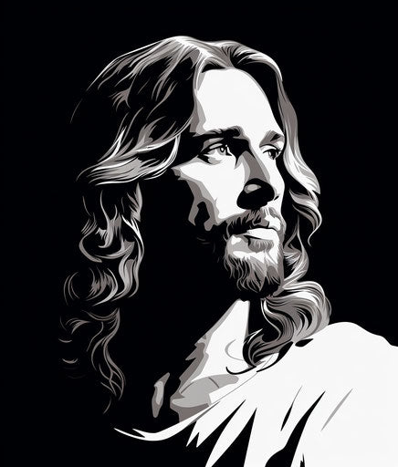 Black and white head of Jesus with round face and dark hair