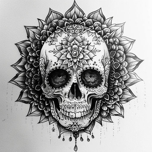 Sugar skull tattoo with mandala pattern