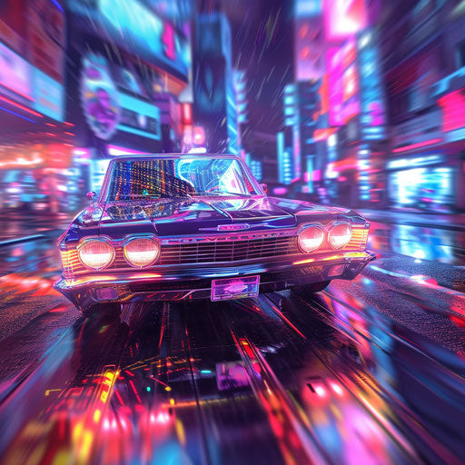 Cyberpunk Chevy Bel Air in a futuristic city
