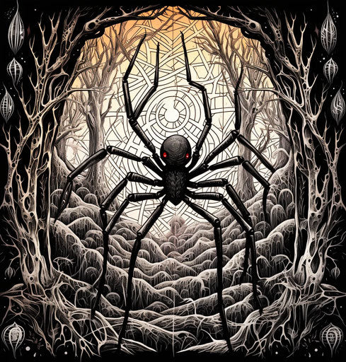 Enigmatic arachnid in a symbolic and realistic style
