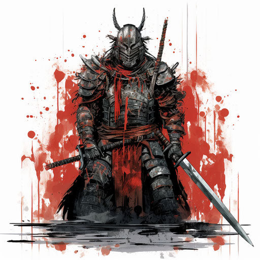 Dark warrior in armor with swords in face
