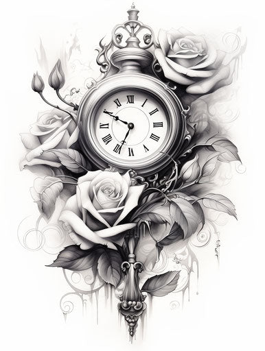 Black and white tattoo with roses and old clock