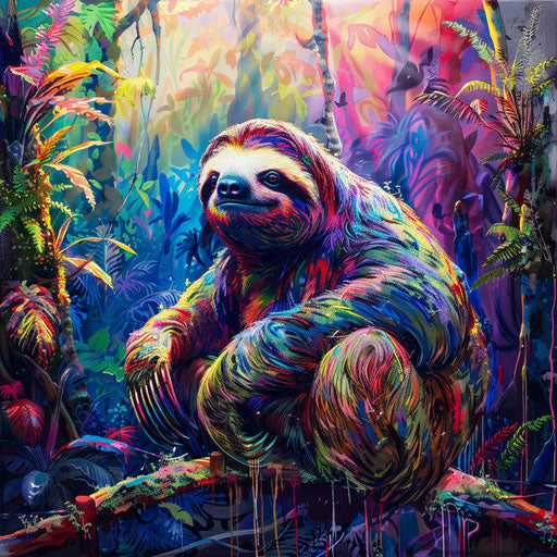 Giant sloth in a vibrant forest with intense colors