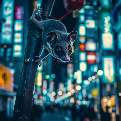 An adventurous sugar glider navigating the bustling streets of Tokyo at night