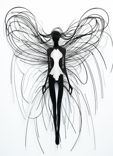 Modern wire sculpture of angel in black and white with wings