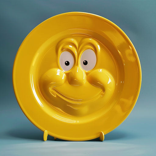 Yellow plastic party plate with emoticet face, warmcore style