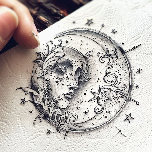 Detailed lunar tattoo in Victorian engraving style