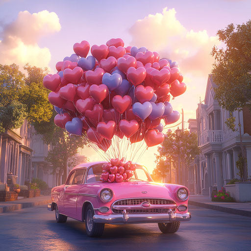 Pink car with heart-shaped balloons, Valentine's Day atmosphere