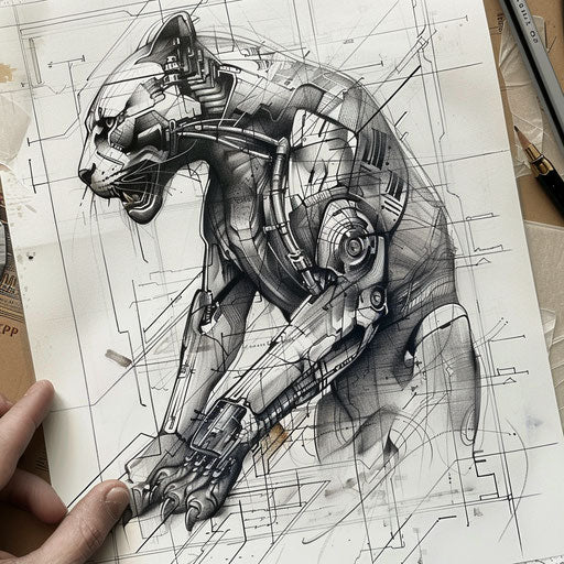Biomechanical panther tattoo on white technical draft