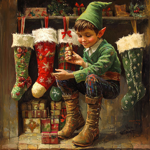 Elf checking Christmas stockings filled with goodies