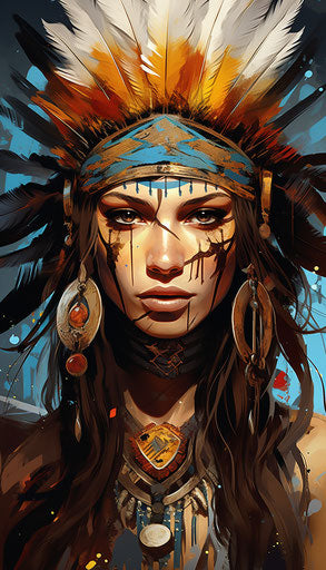 Native American girl with feather in manga style, hand-colored