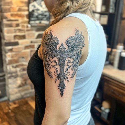 Quarter sleeve tattoo with gothic cross and wings