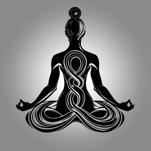 Symbolic sketch of a yogi with infinity symbol in black and silver