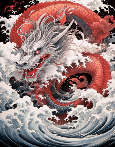 Red dragon on white background in black and white line work