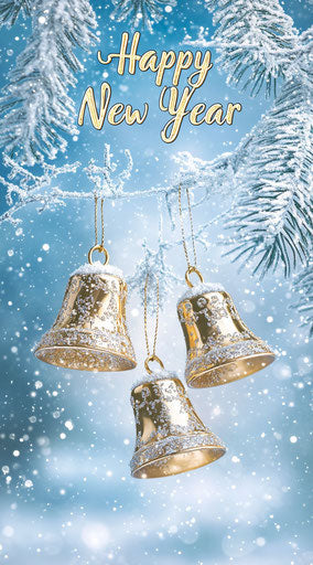 Three golden bells hanging from snow-covered branches