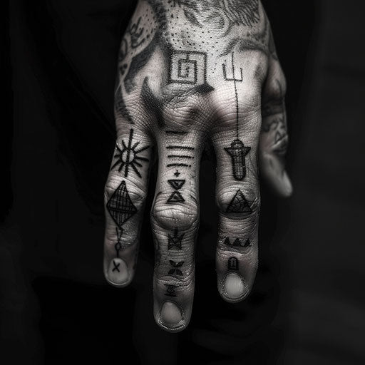 Men's finger tattoos in the style of Ami James featuring bold, minimalist symbols