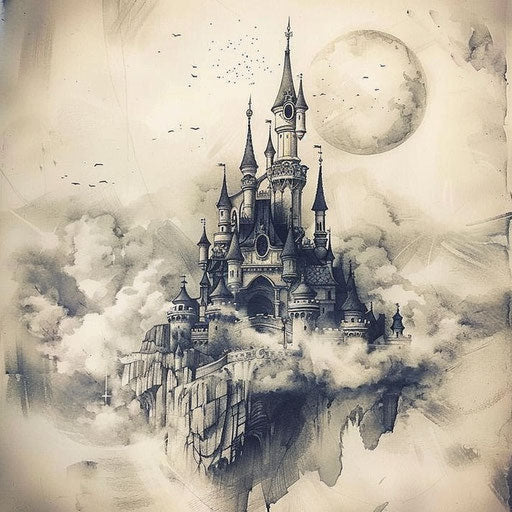 Enchanted castle in clouds with eleven tattoo sketch