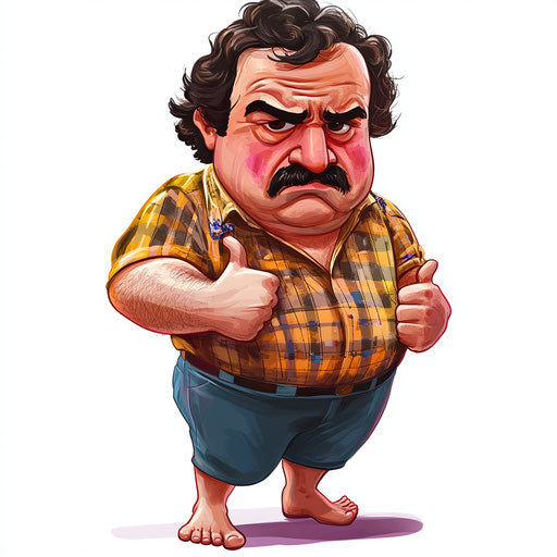 Humorous caricature of a Pablo Escobar clipart with human characteristics, rosy cheeks, toes feet, checkered, vibrant colors, cartoon style, thumbs down, high-resolution, no background, isolated