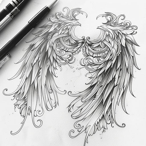 Art nouveau-inspired angel wings tattoo on white canvas