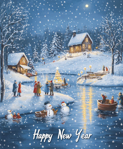 Snowy Christmas with people, snowmen, sleighs, boats on water