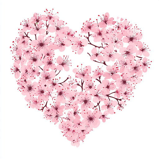 Pink heart made of cherry blossoms on white background